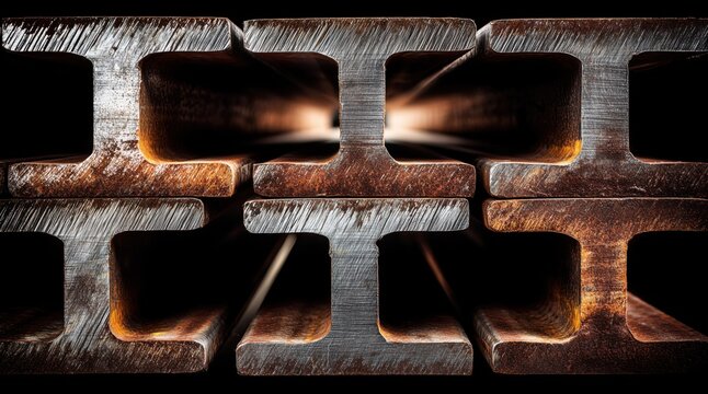 Stacked steel i-beams with rusty texture and shiny cut surfaces
