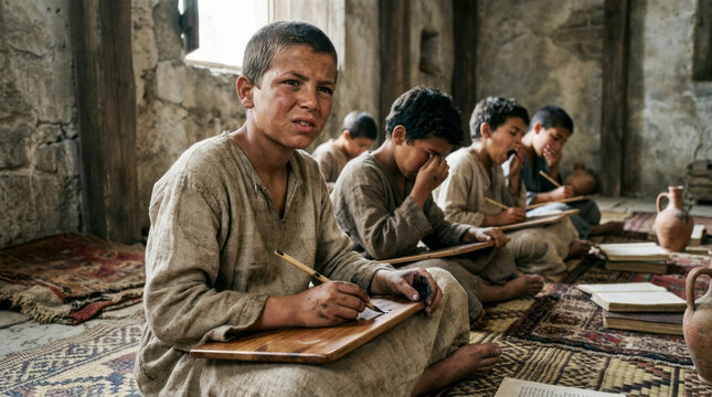 Islamic Madrasa Students Copying Quran on Wooden Tablets, Medieval Period