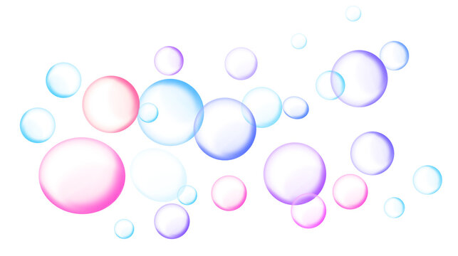 Vibrant colorful bubbles floating in air on white background creating playful atmosphere with pink blue purple hues