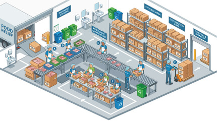 Fototapeta premium Food Bank Distribution Center Isometric View Charity Organization Logistics Food Relief Operations