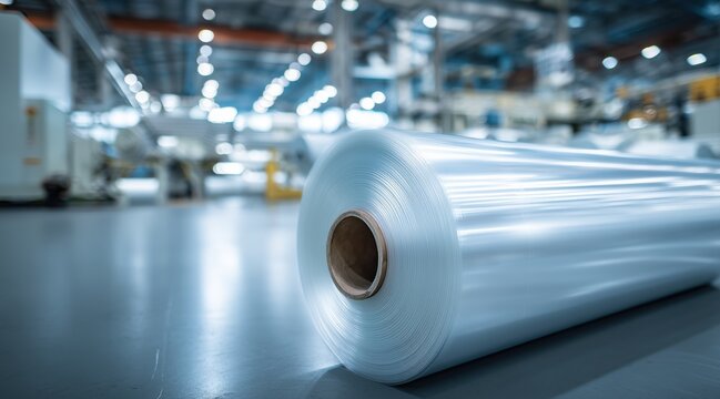 Large roll of plastic film in industrial factory plant