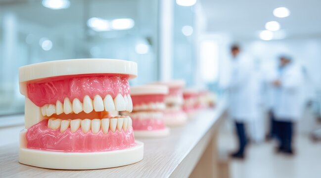 Row of dental jaw models on wooden table in laboratory with blurred students