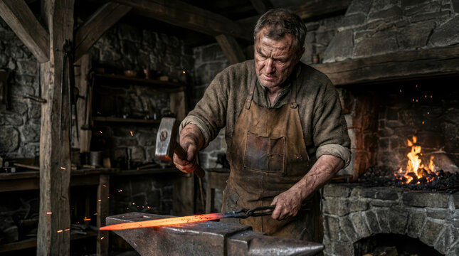 Medieval Blacksmith Forging Glowing Sword in Dark Workshop