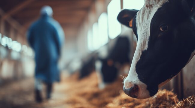 Close up of black and white cow head in barn with farm worker in background
