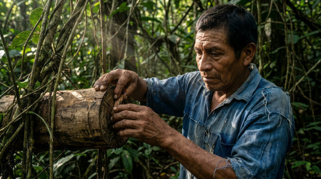 Maya Beekeepers Tending Stingless Bee Hives in Rainforest