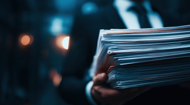 unrecognizable businessman in suit holding stack of documents and paperwork