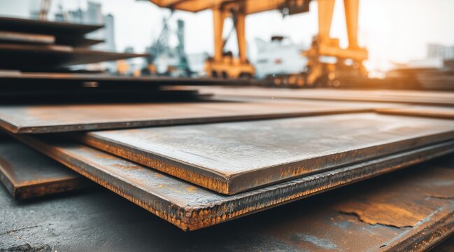 stack of thick steel plates in industrial stockyard