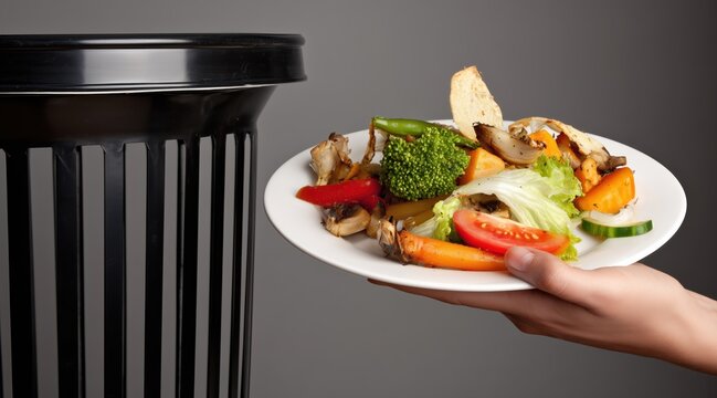 person throwing plate of healthy cooked vegetables into trash bin