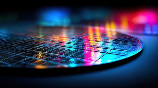Silicon wafer showing microchip circuits with neon reflections