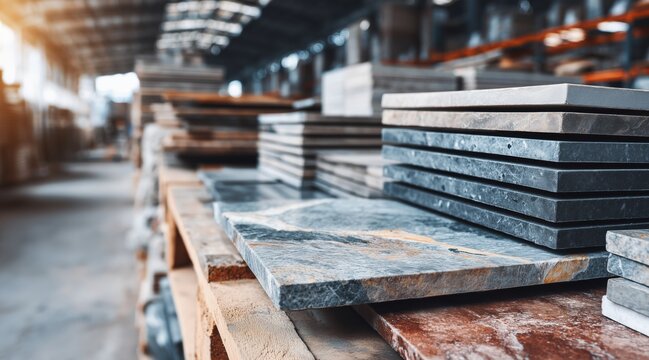 Stacked marble and stone tiles on pallets in industrial warehouse