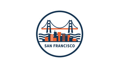 Fototapeta premium San Francisco Skyline Badge Icon, Golden Gate Bridge Round Travel Illustration, Minimal Line Urban Landmark Vector