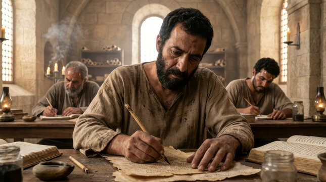 Medieval Translators at Work in House of Wisdom with Greek and Arabic Manuscripts