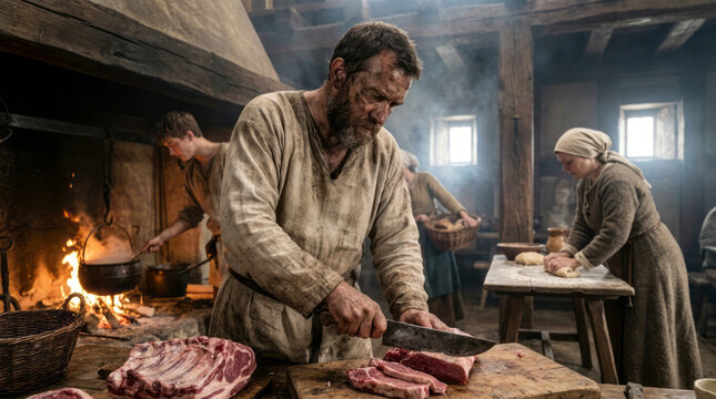 Norman Cooks Preparing Feast in Medieval Wooden Castle Kitchen