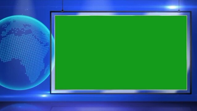 News Studio Background with Green Screen Display and Rotating Digital Globe