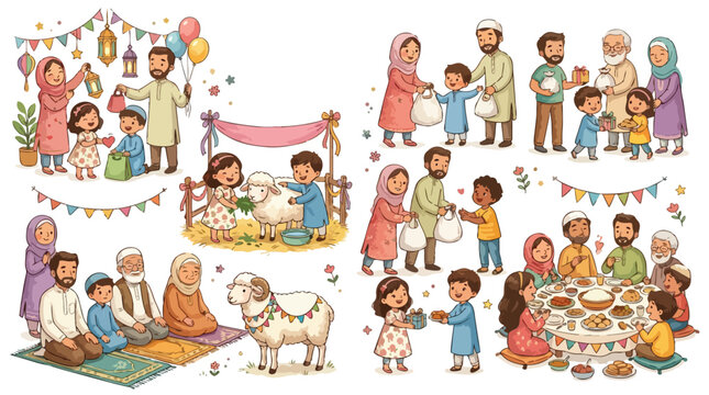 Cute cartoon illustration of Muslim families celebrating Eid al-Adha with sacrificial sheep, charity giving, festive meals, and prayer scenes