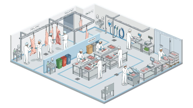 Halal meat processing plant with workers preparing and packaging sacrificial meat for Eid al-Adha in a clean, modern industrial facility