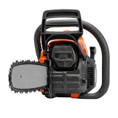 Naklejka premium Professional orange gasoline chainsaw engine with cutting blade