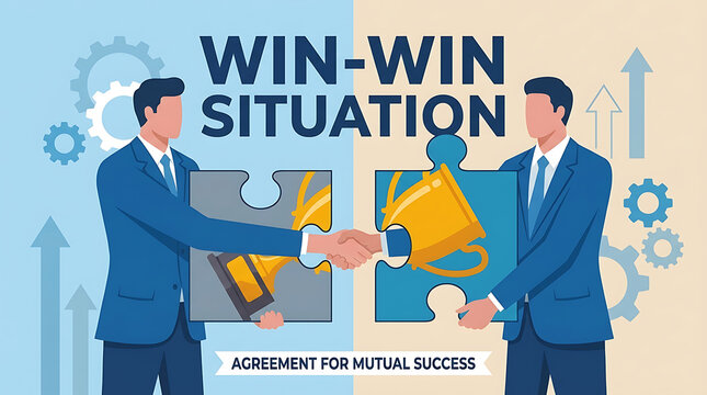 Professional businessmen connecting jigsaw puzzle pieces to form a gold trophy symbol of win-win agreement, collective success, teamwork, and strategic cooperation for mutual achievement.