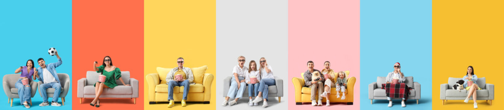 Collage of people with popcorn watching movie on color background