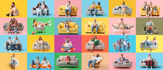 Fototapeta premium Big collage of people with popcorn watching movie on color background