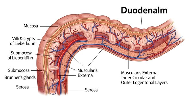 Duodenum anatomy and layers illustration.