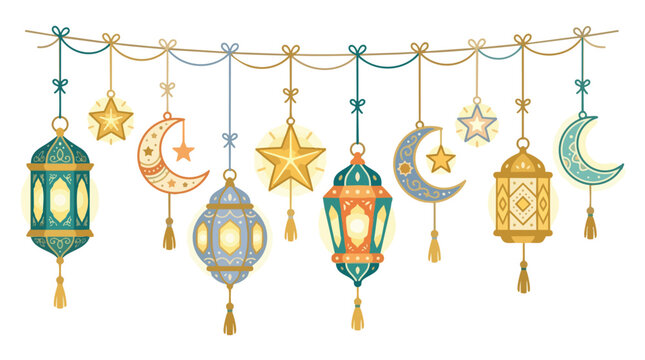 Festive Eid Al-Adha Decorations Vector Illustration with Lanterns Crescent Moons and Stars for Holiday Celebrations