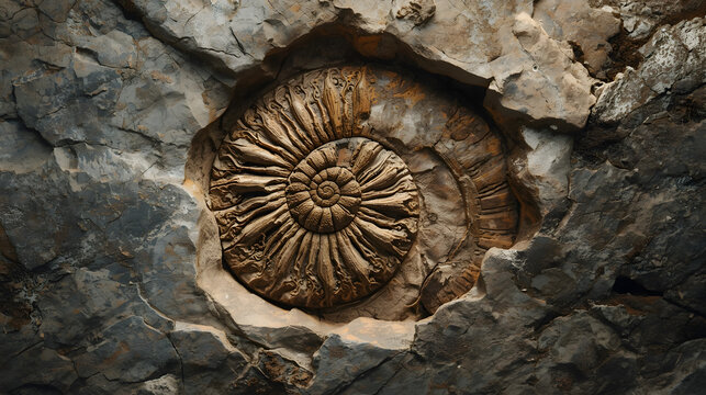A detailed close-up view of a fossilized ammonite shell embedded within a rocky surface.