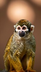 Fototapeta premium Portrait of a curious squirrel monkey with wet fur against bokeh