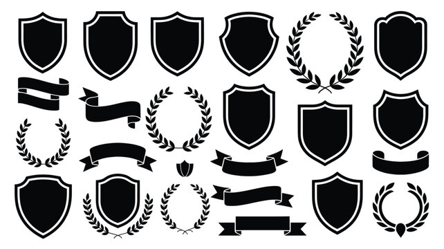 A comprehensive vector graphic set containing various black shield emblems, laurel wreaths, and decorative ribbons for professional corporate identity design and modern heraldic branding projects.