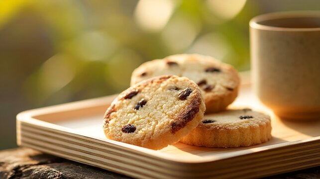 Traditional shirini kishmishi biscuits on a wooden tray with tea