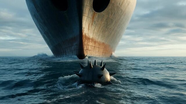 A massive iron ship looms over a spiky naval mine floating in the open sea, creating a tense moment of imminent collision under a cloudy sky.