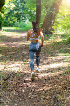 Fit woman running on forest trail in natural environment during outdoor workout, healthy lifestyle and fitness concept.