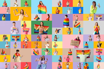 Fototapeta premium Group of lgbt people with rainbow flags on colorful background