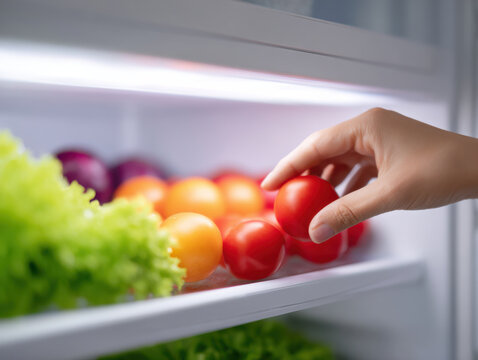 Fresh tomatoes and lettuce inside refrigerator with hand picking tomato for healthy meal preparation
