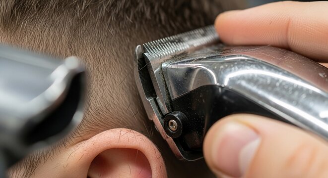 Close-up of a barber cutting hair with clippers