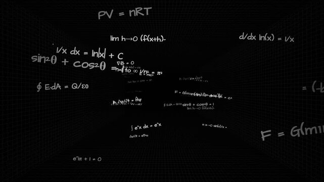 Complex math and physics formulas floating in dark 3D grid space