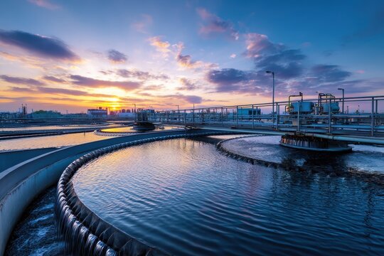 Large circular clarifier tanks at a wastewater treatment plant during a beautiful sunset