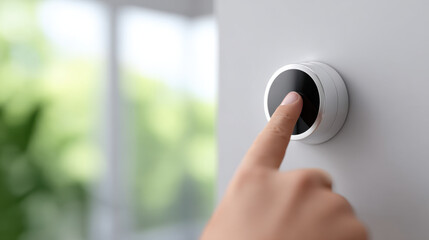 Naklejka premium Smart home thermostat with finger adjusting temperature on modern round control device mounted on wall
