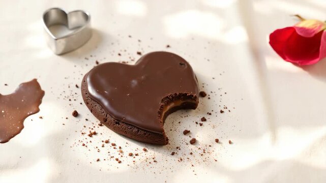 A heart-shaped chocolate cookie with a bite taken out of it. It is covered in chocolate and has a chocolate chip at the center. The cookie is resting on a surface strewn with crumbs and a rose petal.
