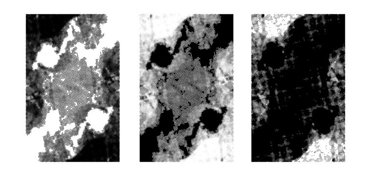 Collection of abstract black halftone textures featuring distressed ink blot patterns and grunge effects. Perfect for use in posters, album covers, editorial design, branding, and digital artwork.