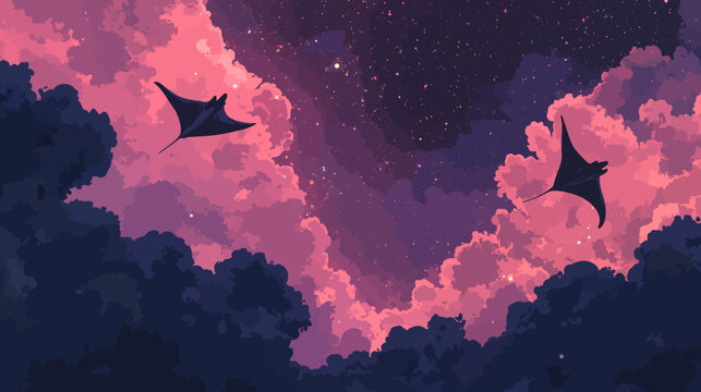 A pixelated artwork depicts two stingrays soaring through a dreamy, celestial landscape