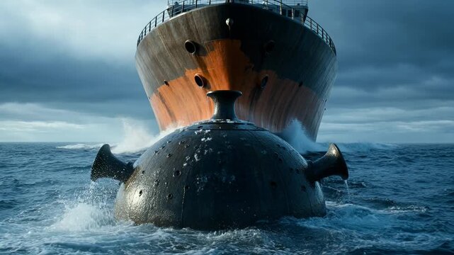 A massive black submarine emerges from the depths directly in the path of a large cargo ship on a rough, grey ocean, creating a tense and dramatic naval encounter.