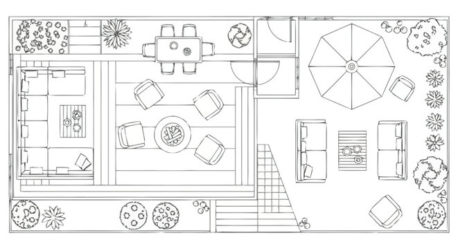 Birdseye View Architectural Rendering of an Outdoor Living Space Featuring Seating Areas Dining Set Fire Pit and Greenery For Landscape Design Planning and Residential Property Concepts