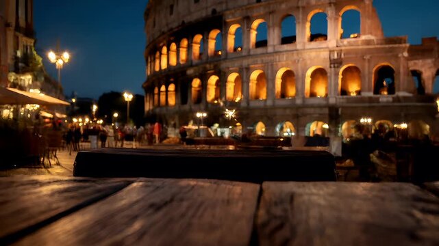 Outdoor caf bar restaurant. A nighttime scene of the Colosseum in Rome, Italy. A lit candle sits on a wooden table in the foreground, casting a warm glow on the scene.