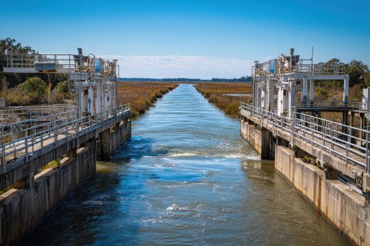 Water control structure and irrigation canal in a coastal marshland under a clear blue sky