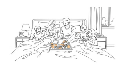 Fototapeta premium Happy family enjoying breakfast together in bed line art illustration.