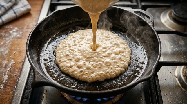 Raw pancake batter pouring into hot frying pan, kitchen process shot