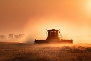 Naklejka premium Combine Harvester Works in Dusty Field at Sunset With Warm Tones in 8K Resolution