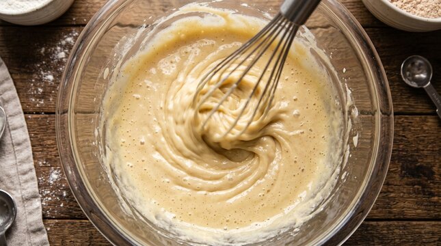 Raw cake batter being whisked in glass bowl, kitchen process, no hands