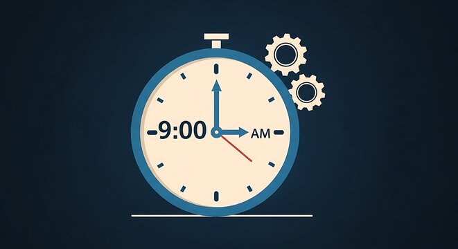 Clock with gears showing 9 am.
